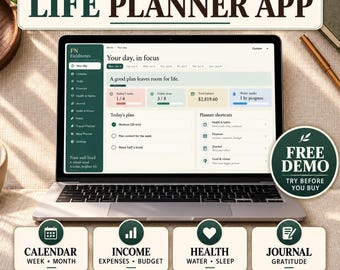 Aplicación de planificación de vida: Calendario, finanzas, salud y diario / 4 idiomas, múltiples monedas / Sin suscripción