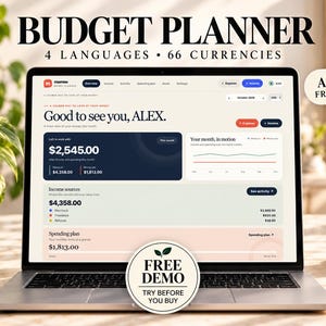 Puede incluir: Una pantalla de portátil que muestra una interfaz de planificador de presupuesto digital con el texto BUDGET PLANNER, 4 LANGUAGES, 66 CURRENCIES, ADHD FRIENDLY y FREE DEMO TRY BEFORE YOU BUY. El panel muestra datos financieros, ingresos y gastos.