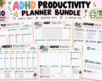 Paquete de planificadores de productividad para personas con TDAH / 10 páginas imprimibles / PDF tamaño carta estadounidense (A4) en formato horizontal