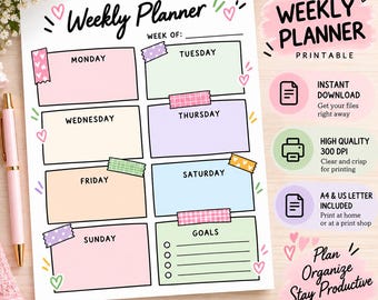 Planificador semanal en tonos pastel para imprimir, horario sin fechas, objetivos (descarga digital)