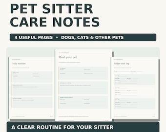 Notas para el cuidado de mascotas (imprimibles) / PDF de 4 páginas tamaño carta estadounidense (descarga digital)