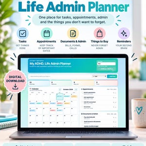 Könnte beinhalten: Ein digitaler ADHD Life Admin Planer auf einem Laptop-Bildschirm mit Bereichen für Aufgaben, Termine, Dokumente und Erinnerungen. Die Benutzeroberfläche zeigt einen Kalender für Oktober 2026 und ein Symbol für digitalen Download.
