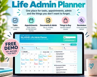 Planificador de vida interactivo para personas con TDAH / Planificador digital para tareas, citas, recordatorios, compras y documentos.
