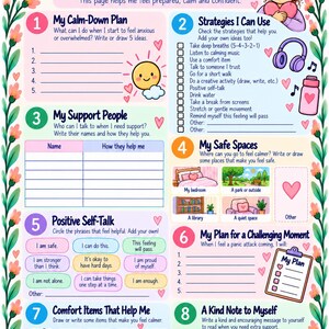 May include: A colorful educational worksheet titled I Can Do This, featuring eight numbered sections for emotional regulation. It includes prompts for calm-down plans, support people, safe spaces, positive self-talk, and comfort items with floral borders.