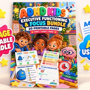 以下が含まれることがあります： ADHD Kids Executive Functioning & Focus Bundleの20ページの印刷可能なセット。チェックリスト、ミッションプラン、集中力チャートを使う子供たちのカラフルなイラストが特徴です。A4およびUSレターサイズのオプションが含まれています。