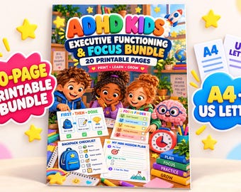 Hojas de trabajo sobre las funciones ejecutivas del TDAH para niños, paquete imprimible de 20 páginas, archivos PDF en formato A4 y Carta estadounidense.