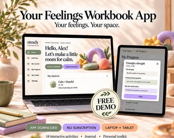 May include: A laptop and tablet displaying the Your Feelings Workbook App interface with text including Hello, Alex! Let's make a little room for calm, My Progress, and Untangle a thought. A circular badge reads FREE DEMO, with buttons for App Download, No Subscription, and Laptop + Tablet.
