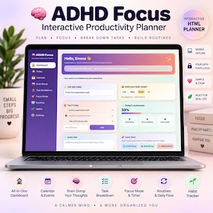 May include: A laptop displaying the ADHD Focus Interactive Productivity Planner, a digital dashboard with a purple sidebar and a gradient interface. The screen shows sections for tasks, momentum, and quick actions, with text labels for planning, focus, and routines.