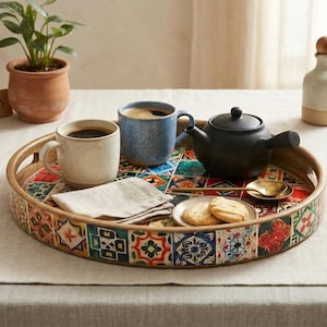 May include: A round wooden serving tray featuring a colourful mosaic tile pattern on its base and sides. The tray holds a cream-coloured ceramic mug, a blue speckled mug, a black teapot, a small plate with two biscuits, and a folded linen napkin.