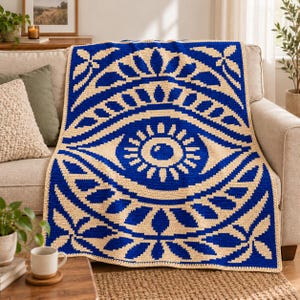 May include: A rectangular crochet blanket featuring a large, centered evil eye motif. The design is composed of deep blue and cream-colored yarn, displaying a central pupil, a radiating iris, and surrounding stylized leaf-like patterns.