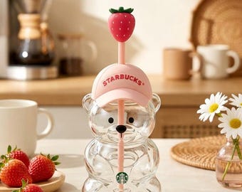 Starbucks 2026 Bearista Bear Glass Tumbler with Strawberry Straw Topper & Pink Baseball Cap Lid – Limited Edition 20 -Cute Gift