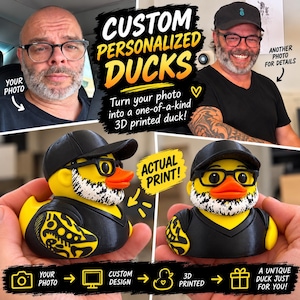 May include: A 3D printed yellow rubber duck customized to resemble a person with a black baseball cap, black-rimmed glasses, a white and black beard, and a black shirt with yellow arm tattoos. The duck features an orange beak and black eyes.