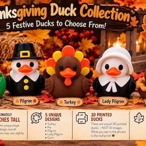 May include: A collection of five 3-inch tall 3D printed rubber ducks themed for Thanksgiving. The set includes a corn duck, a pilgrim duck, a turkey duck, a lady pilgrim duck, and a pie duck. Each duck features distinct colors and festive details.