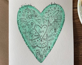 Personalised A5 Doodle Heart Illustrated Card - Handmade watercolour - Wedding Anniversary Engagement Card 1st 5th 10th 20th 25th 30th