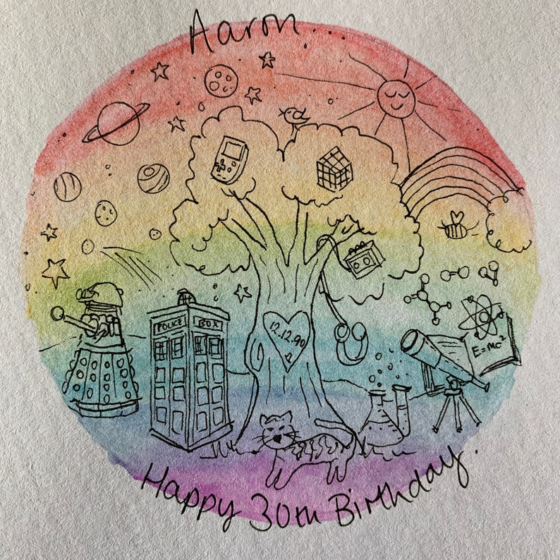 Personalised handmade illustrated watercolour doodle card Special occasion Birthday 18th 21st 25th 30th 40th 50th Wedding Anniversary image 4