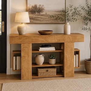 May include: A light brown wooden console table with a thick top and two side supports. The table features three open shelves holding a ceramic vase, a small potted plant, a woven basket, and several books. A ribbed lamp sits on the left side.
