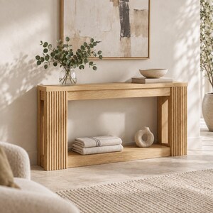 Fluted Console Table in Natural Finish, 71 Inch Entryway Table with Open Storage for a Boho Living Room