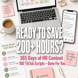 May include: A laptop displaying an HR content calendar, a smartphone showing a TikTok reel script, a pink spiral notebook with the text HR CONTENT THAT CONNECTS & BUILDS CULTURE, and sticky notes with text including PLAN CREATE ENGAGE REPEAT.
