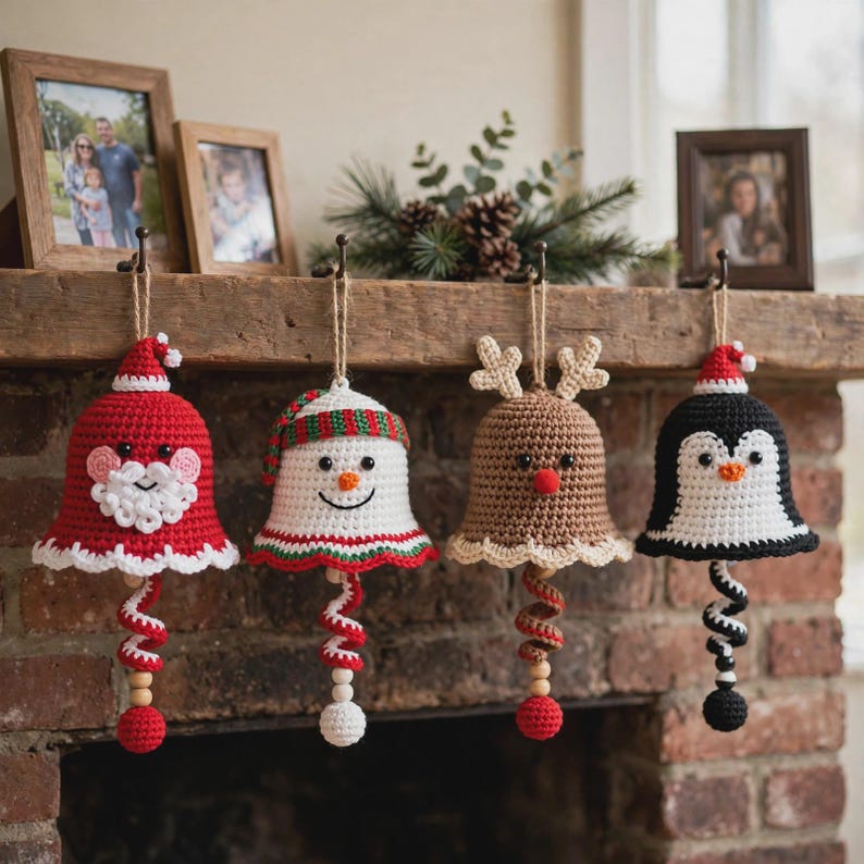 Close-up of handmade crochet penguin bell ornament,
black and white bell with Santa hat and orange bea