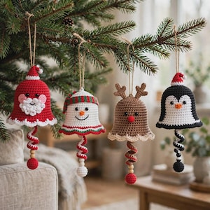 Handmade crochet Christmas bell ornaments set of 4,
Santa snowman reindeer penguin with spiral tails and
beads hanging from rustic branch