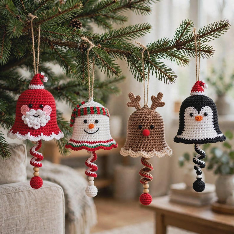 Handmade crochet Christmas bell ornaments set of 4,
Santa snowman reindeer penguin with spiral tails and
beads hanging from rustic branch