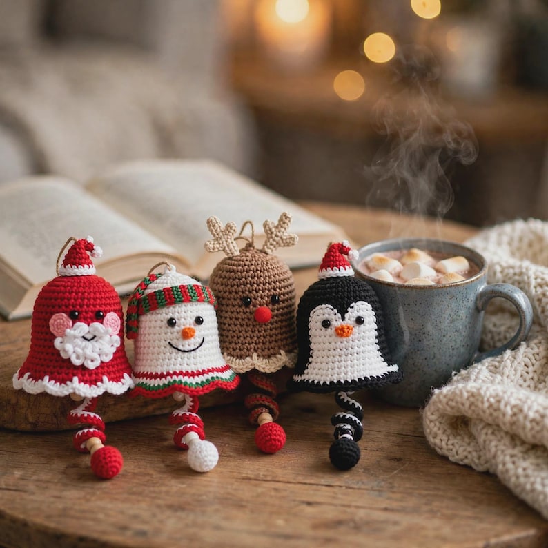 May include: Four crocheted bell ornaments featuring holiday characters: a red Santa Claus, a white snowman with a striped scarf, a brown reindeer with antlers, and a black and white penguin. Each bell has a spiral tail ending in a small sphere.