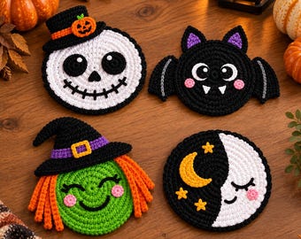 May include: Four round crochet coasters featuring Halloween designs: a white skull wearing a black top hat with a pumpkin, a black bat with purple ears, a green witch with orange hair and a purple hat, and a black and white moon with yellow stars.