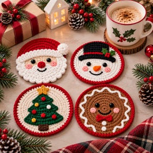 May include: A set of four round crochet coasters featuring festive holiday designs: a Santa Claus face, a snowman with a black top hat, a decorated green Christmas tree with a yellow star, and a brown gingerbread person with white icing trim.