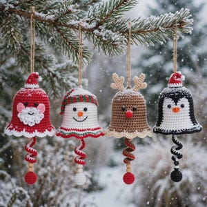 May include: Four crocheted bell ornaments hanging from a pine branch. The set includes a red Santa Claus, a white snowman with a striped hat, a brown reindeer with antlers, and a black and white penguin wearing a small red Santa hat.