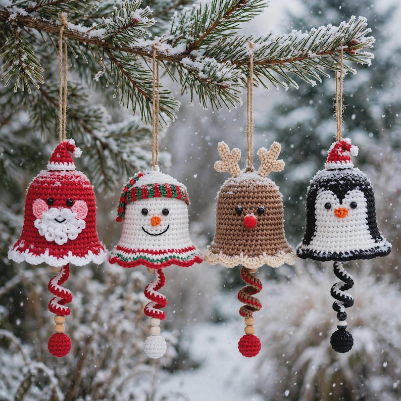 May include: Four crocheted bell ornaments hanging from a pine branch. The set includes a red Santa Claus, a white snowman with a striped hat, a brown reindeer with antlers, and a black and white penguin wearing a small red Santa hat.