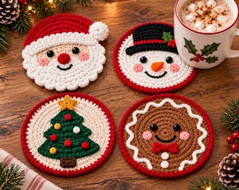May include: Four round crochet coasters featuring holiday designs: a Santa Claus face, a snowman with a black hat, a green Christmas tree with a yellow star, and a brown gingerbread person with a red bow tie, all with white and red borders.