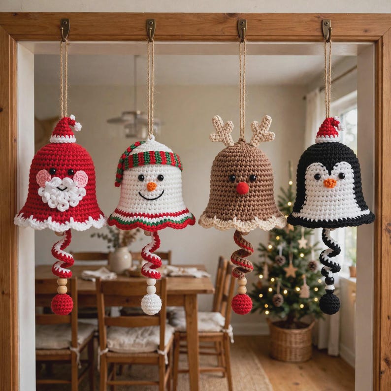 May include: Four crocheted bell ornaments hanging from a wooden frame. The figures include a red Santa, a white snowman with a striped hat, a brown reindeer with antlers, and a black and white penguin, each with a spiral tail and wooden bead.