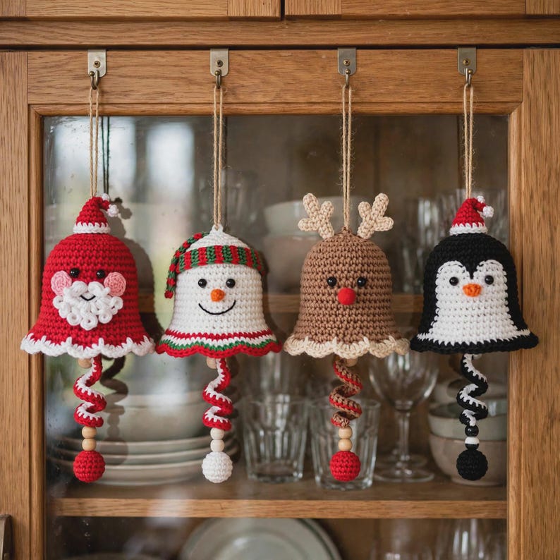 Close-up of handmade crochet Santa bell ornament, red
bell with Santa face white beard and Santa hat