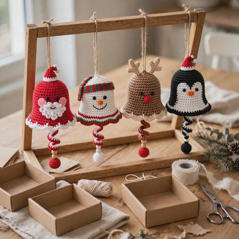 Close-up of handmade crochet reindeer bell ornament,
brown bell with antlers and red nose