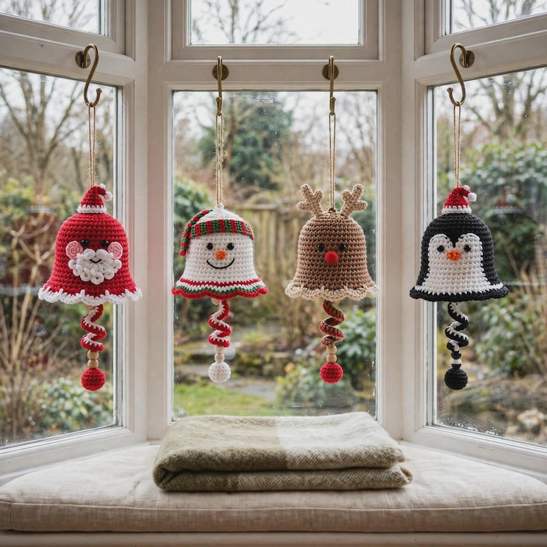 Crochet Christmas character bell ornaments hanging on
a real Christmas tree