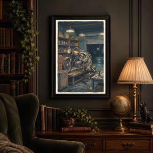 May include: A framed wall art print depicting a raccoon standing in a cluttered garage workshop, working on a vintage motorcycle. The scene features shelves filled with tools, a workbench, and overhead lighting, rendered in a detailed illustrative style.