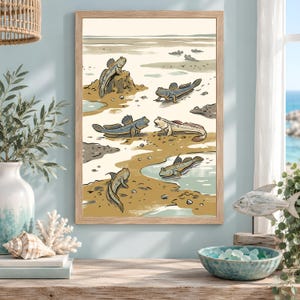 Mudskippers at Low Tide, Amphibious Fish Print, Marine Biology Wall Art, Coastal Mudflat Illustration