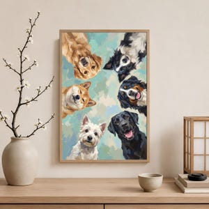 May include: A rectangular wall art print featuring a painted illustration of six dogs of various breeds looking downward. The dogs include a golden retriever, a black and white collie, a shiba inu, a bernese mountain dog, a westie, and a black labrador.