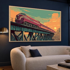Könnte beinhalten: Ein rechteckiger gerahmter Wandkunstdruck mit einer stilisierten Illustration eines kastanienbraunen Personenzugs, der über eine dunkel-türkisfarbene Metall-Trestle-Brücke vor einem orangefarbenen und hellgrünen Sonnenuntergangshimmel fährt.