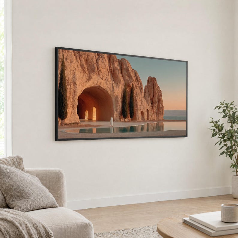 Glowing Cave in Tuff Cliffs Wall Art, Surreal Whimsical Style, Canvas ...