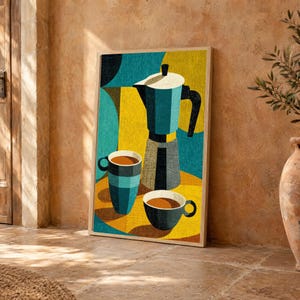 Quadro da parete in stile retrò con caffettiera, design Mid-Century Modern, stampa su tela o incorniciata.