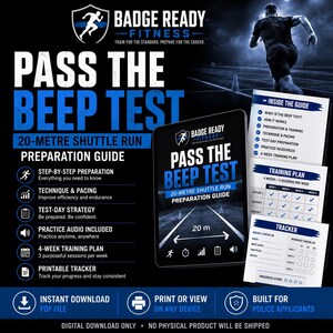 May include: A digital preparation guide for the 20-metre shuttle run titled Pass The Beep Test by Badge Ready Fitness. The guide includes a 4-week training plan, a progress tracker, and test-day strategy information in a blue, black, and white layout.