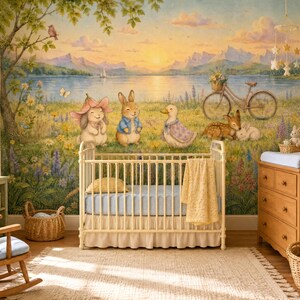 May include: A nursery room featuring a large wall mural of a landscape with a lake, mountains, and anthropomorphic animals including rabbits and a duck. The room contains a white crib, a wooden rocking chair, a dresser, and woven baskets.