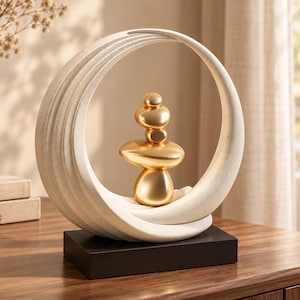 May include: A decorative sculpture featuring a large, off-white, crescent-shaped frame with a textured surface. Inside the frame, a stack of four smooth, polished gold-colored stones is balanced vertically on a rectangular black base.