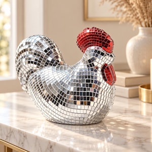 May include: A rooster figurine covered in small, reflective silver mirror tiles. The bird features a prominent comb and wattle made of deep red, square mirror tiles, creating a mosaic effect across the entire surface of the sculpture.