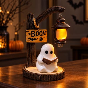 May include: A white ghost figurine sits on a circular base, reading a brown book. A dark brown tree-like post holds a hanging lantern with a warm orange glow and a rectangular sign that reads BOO! with a small bat and skull illustration.