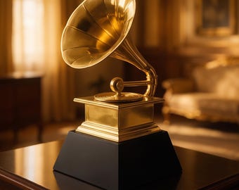 May include: A gold-coloured gramophone trophy featuring a large, flared horn attached to a square base. The trophy sits on a tiered gold platform, which is mounted on a solid black, square-shaped pedestal base with a smooth, matte finish.