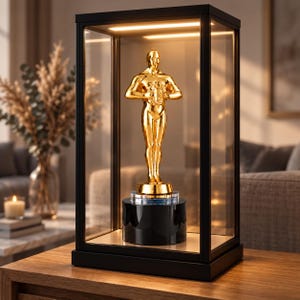 Puede incluir: Una estatuilla dorada con forma de figura humana sobre una base cilíndrica negra, encerrada en una vitrina rectangular de cristal con marco negro e iluminación integrada, que resalta la superficie metálica reflectante del premio.