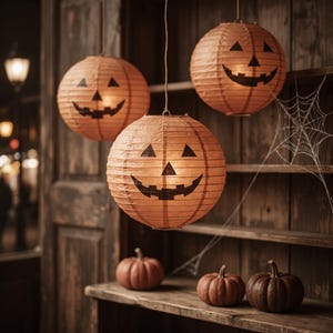 Puede incluir: Tres farolillos de papel redondos de color naranja con caras de calabaza negras colgados de cuerdas. Debajo, tres pequeñas calabazas sólidas descansan sobre un estante de madera. Una decoración de telaraña blanca cuelga sobre el fondo de madera.