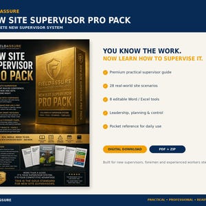 Puede incluir: Un anuncio de producto digital para el FieldAssure New Site Supervisor Pro Pack. El gráfico muestra un set en caja dorada, una lista de 28 escenarios de obra reales, 8 herramientas editables de Word y Excel y una guía de bolsillo para supervisores.